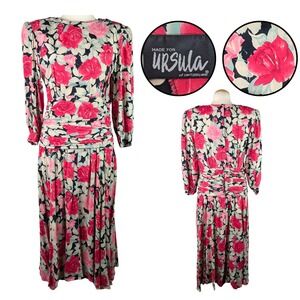 Ursula of Switzerland Dress Womens S-M Pink Floral Ruched Waist Midi Cottagecore